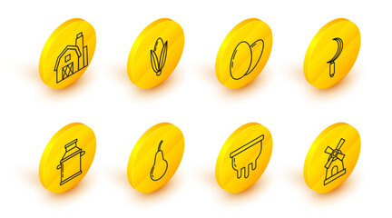 Set line Windmill, Udder, Pear, Can container for milk, Sickle, Chicken egg, Corn and Farm House concept icon. Vector