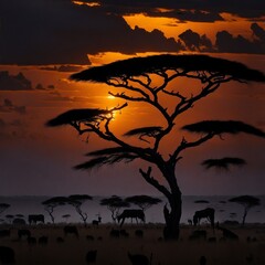 Fototapeta na wymiar Kenya, Narok, Masai Mara National Park, African sunset landscape