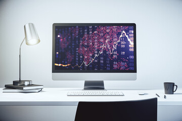 Modern computer screen with abstract creative financial chart with world map, research and analytics concept. 3D Rendering