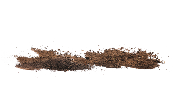Pile dirt, soil scattered isolated on white, clipping path