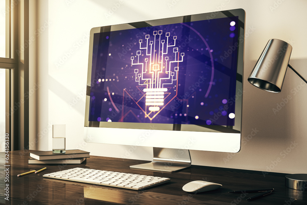 Leinwandbilder modern computer monitor with creative light bulb hologram and chip on laptop background, idea and br