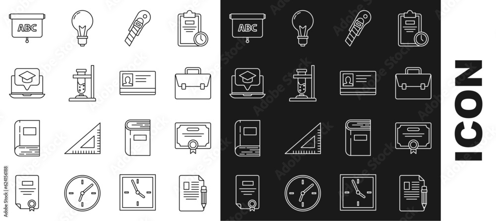 Canvas Prints set line exam sheet and pencil with eraser, briefcase, stationery knife, glass test tube flask fire,