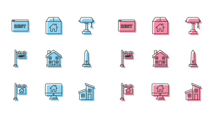 Set line Hanging sign with text Sale, Computer monitor smart home, Online Rent, House, Home symbol, Washington monument, and Cardboard box house icon. Vector