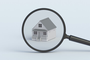 House behind magnifying glass. 3d render