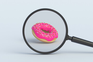 Donut behind magnifying glass. 3d render