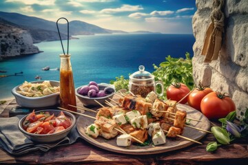 The concept of Greek cuisine with farm salad and souvlaki kebabs against the backdrop of the sparkling blue of the Aegean Sea in the summer. Image generated by artificial intelligence