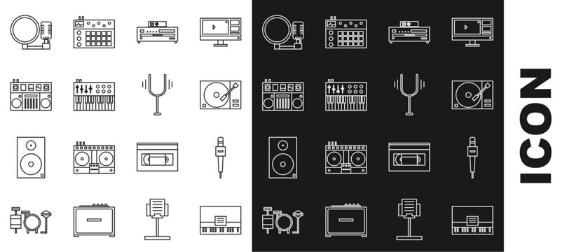 Set line Piano, Microphone, Vinyl player with vinyl disk, Music CD, synthesizer, DJ remote for playing and mixing music, and Musical tuning fork icon. Vector