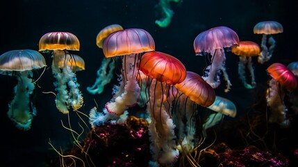 Fototapeta na wymiar Jellyfish on a dark background. Generative AI 