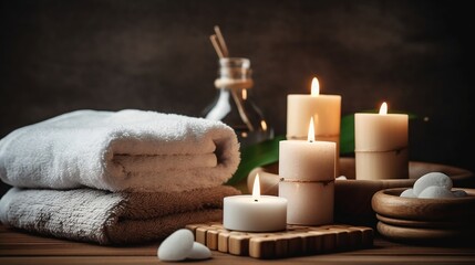 Fototapeta na wymiar Spa concept, towels and candels. Generative AI