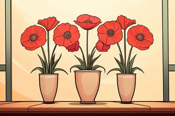 On a table, three vases with red flowers sit. (Generative AI)