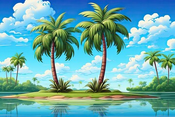 A tropical island scene with three palm trees and blue skies and water. (Generative AI)