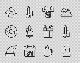 Set line Christmas Santa Claus hat, mitten, Calendar, angel, Merry ringing bell, Coffee cup and Meteorology thermometer measuring icon. Vector