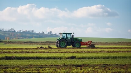 Obraz premium Tractor ploughs field, Tractor on field at agriculture background.