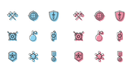 Set line Police badge, Crossed medieval axes, Military reward medal, Hand grenade, dynamite stick timer clock, Wooden shield with crossed swords and Target sport icon. Vector