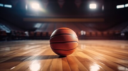 Basketball on a hardwood gym floor.