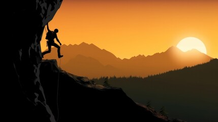 Silhouette of a climber on a cliff rock with mountains, Rock climber at sunset.