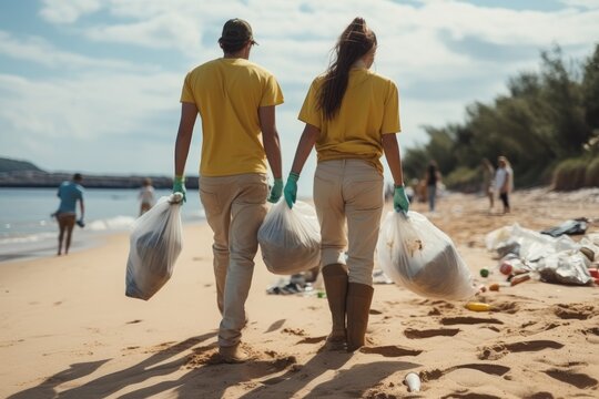 Volunteers in cleaning up nature, Garbage bottles picked up and thrown into a trash bag, Clean planet Earth, Save environment.