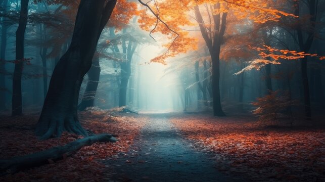 Beautiful mystical forest in fog in autumn, Scenery with path in dreamy foggy forest.