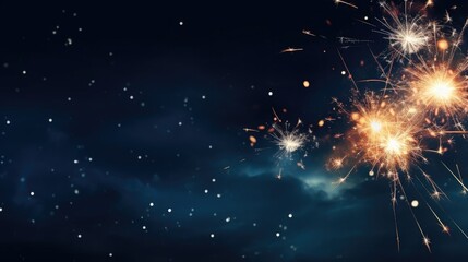 Fireworks and sparklers on dark blue night sky texture, Holiday fireworks at night.