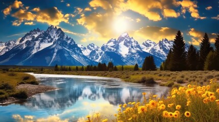 Fototapeta premium A Mountain Range with Its Reflection, Grand Teton National Park.