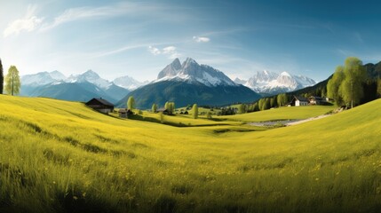 Fototapeta premium Idyllic mountain landscape in the Alps with blooming meadows on a beautiful sunny day springtime.