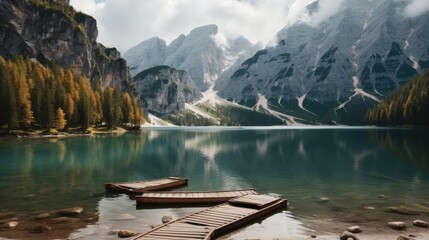 Obraz premium Lake Braies landscape, lake crystal water in background of mountain in morning.
