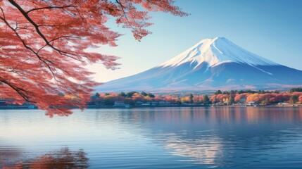 Mount Fuji and snow white viewpoint in the spring and cherry blossom full blooming on the mountain.
