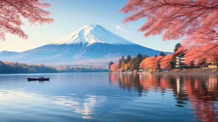 Snow fuji mountain with cherry blossom foreground and lake, Major tourist attraction of Japan.