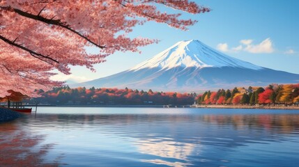 Mount Fuji and snow white viewpoint in the spring and cherry blossom full blooming on the mountain.