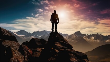 Hiker on top of a mountain, Mountaineering sport lifestyle concept, Success and goal achievement.