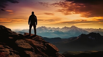 Fototapeta premium Success and goal achievement, Young man tourist with backpack relaxing on top rock.