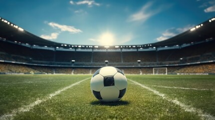 Soccer ball on green grass at soccer stadium.