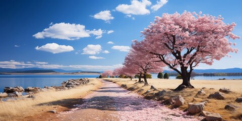 cherry blossoms in spring landscape wallpaper background. generative ai - obrazy, fototapety, plakaty