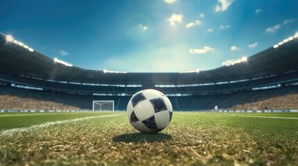 Soccer ball on green grass at soccer stadium.