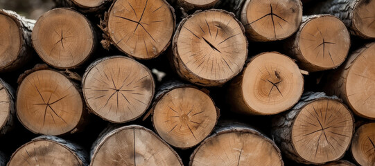 Stack of wooden stumps in cross section texture background, Wood industry background, Firewood.