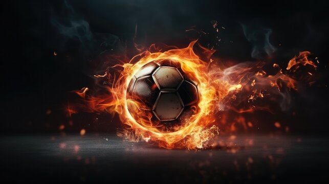 Soccer shoe kicking a fiery ball with power, Burning ball with soccer stadium. © visoot