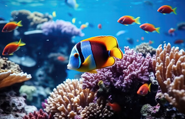 Naklejka na ściany i meble Underwater coral reef landscape in the deep blue ocean with colorful fish and marine life.