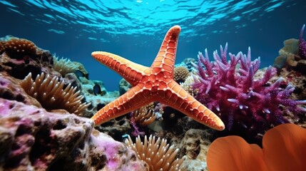Tropical sea underwater starfish on coral reef, Landscape nature snorkeling diving. - obrazy, fototapety, plakaty