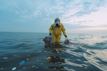 Volunteer biologist cleans up the ocean sea from plastic, Wearing a suit and gas mask due to polluted waters, Environmental pollution, Ecology concept.