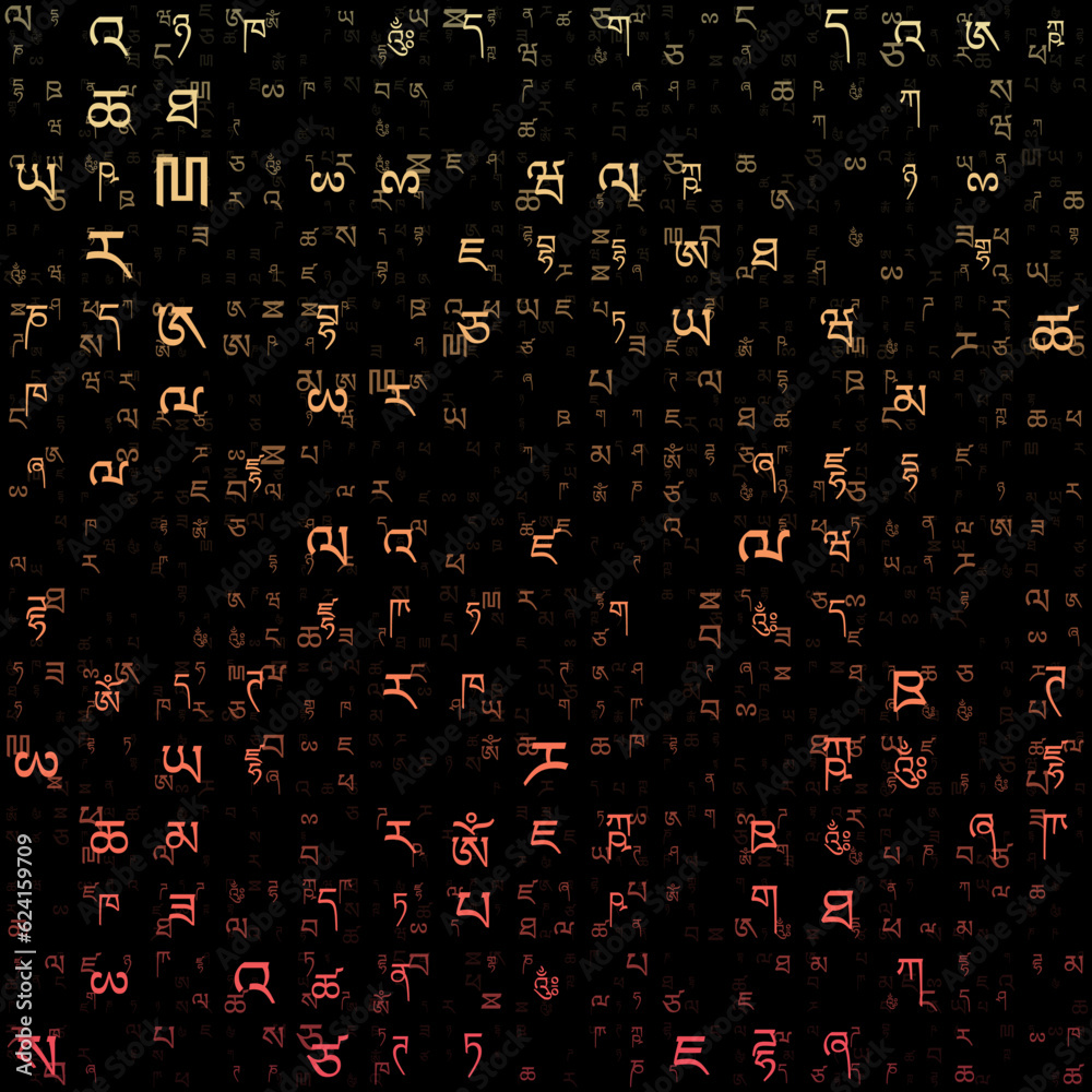 Poster futuristic background with random letters of the tibetan alphabet. gradient matrix pattern with a ye