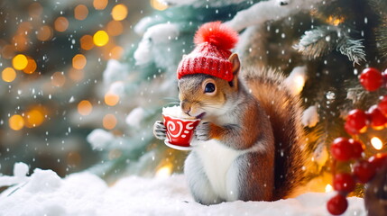 A cheerful cute squirrel in a knitted hat drinks cocoa from a cup against the background of a winter forest with fir trees, snow and colorful lights. Postcard for the New Year holidays.Generative AI