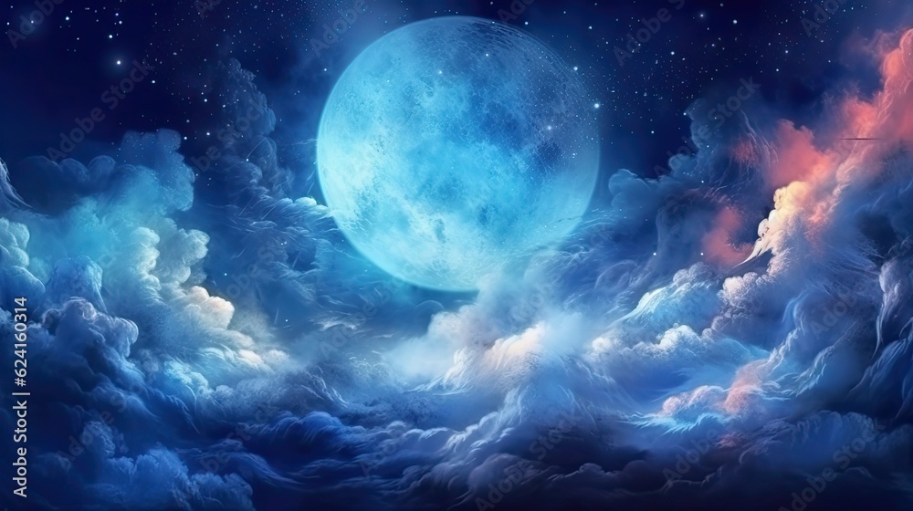 Wall mural a celestial night sky with a full moon and shimmering stars illuminating the darkness. colorful illu