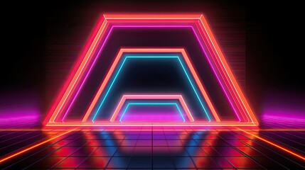 A neon-infused stage featuring a grid of pulsating squares, creating a mesmerizing display of synchronized light. Abstract futuristic neon light background. Generative AI