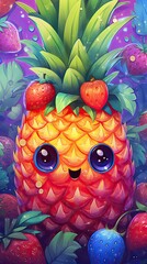 Kawaii style Pineapple fruit character in colorful style illustration. Cute color painting. Generative AI