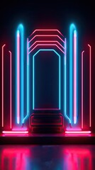 A neon-lit stage featuring cascading waterfalls of light, creating a surreal and immersive atmosphere for the performers and audience. Abstract futuristic neon light background. Generative AI