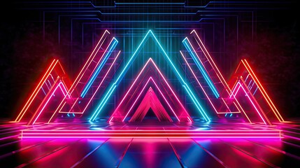 A dynamic neon stage with intersecting beams of light forming a three-dimensional lattice, enveloping the performers in a vibrant glow. Abstract futuristic neon light background. Generative AI
