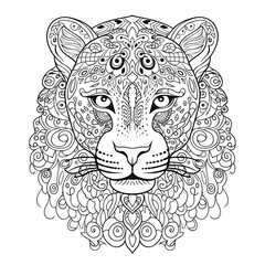 Fototapeta premium Leopard animal line art illustration. Black and white coloring page style art. Generative AI