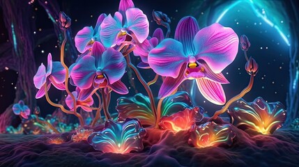 Modern style Orchid blooming flower. Greeting card floral design with elegant flower. Generative AI