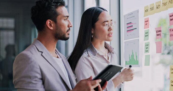 Tablet, planning and business people on glass for project timeline, calendar and sticky note with teamwork. Digital technology, project schedule and woman writing on window with scrum and agile ideas