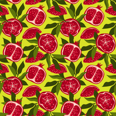 endless fruit pattern with pomegranates. acid background with pieces of red garnets. summer fruit print for fabric and covers